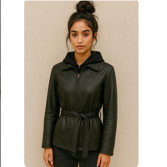 Y2K 90s Minimalist Black Butter Soft Leather Belted Zip Up Jacket Medium - Picture 1 of 10